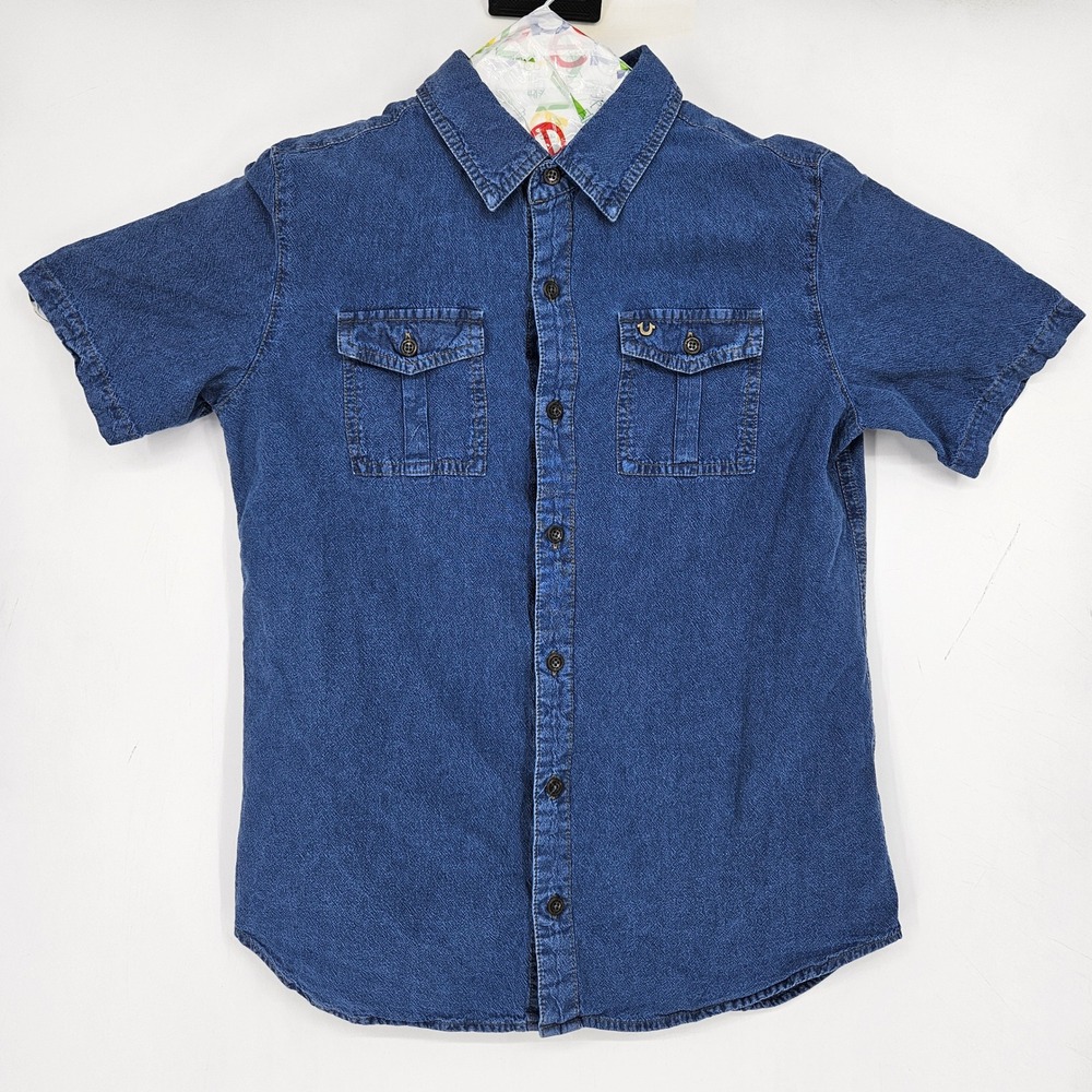 True Religion Shirt Boys Large Denim Blue Flap Pockets Horseshoe Graphic Logo